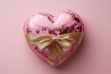 Poster - Colorful heart-shaped confection wrapped with a golden bow on a pastel pink background