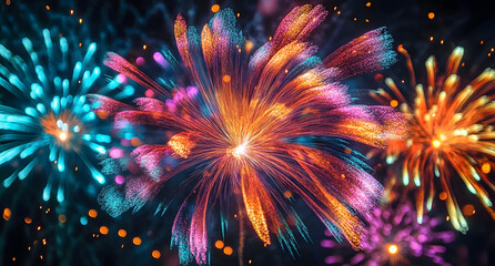 Poster - Neon fireworks with sparkling lights abstract background