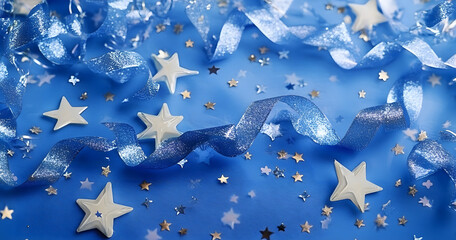 Wall Mural - Image of stars falling over party streamers on blue background