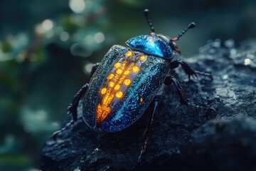 Poster - A bioluminescent beetle, dark blue with glowing orange markings, rests on a dark rock.