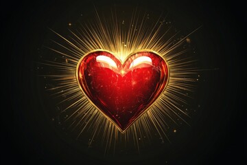 Poster - Bright red heart radiating golden light, symbolizing love and passion in a captivating design