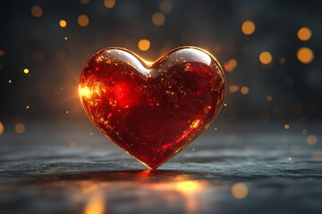 Aufkleber - Heart-shaped crystal glowing softly with warm light against a dark textured background highlighting romantic ambiance