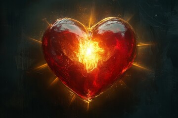 Poster - Heart radiating golden energy surrounded by glowing rays in a dark backdrop