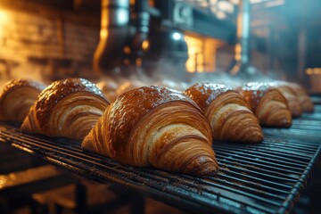 Golden, flaky croissants freshly baked in a commercial oven, steaming and delicious.