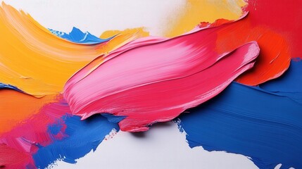 Poster - Colorful Abstract Brush Strokes with Bold Primary Colors in Vibrant Shades of Pink, Blue, Yellow, and Orange Mixing Together on a White Background