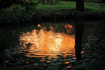 Poster - Reflections of a sunset in a tranquil pond surrounded by lush greenery