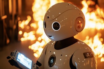 Aufkleber - Robot holding a device while flames erupt dramatically in the background during a technology demonstration event