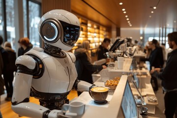 Aufkleber - Robot barista serves coffee and pastries in a modern cafe during busy afternoon hours