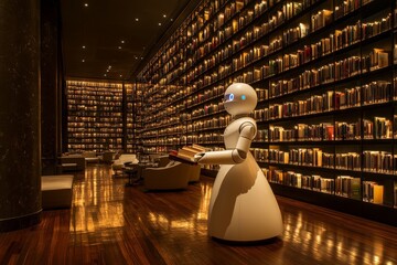 Poster - Robotic guide presents books in a modern library filled with shelves of literature during evening hours