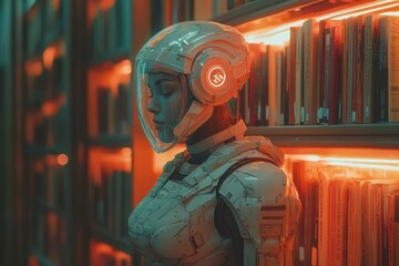 Poster - Robotic figure stands in a futuristic library surrounded by illuminated bookshelves at dusk