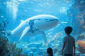 Poster - Children observe a robotic whale swimming gracefully in an underwater exhibit at an aquarium during daylight hours