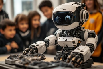 Aufkleber - Robot engaging with children while demonstrating robotic skills in a classroom setting