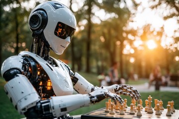 Poster - Robot plays chess in a park during sunset with people enjoying the evening