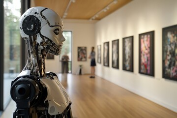 Poster - Robotic figure observes modern art in a contemporary gallery setting
