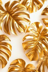 Poster - Elegant Golden Monstera Leaves Displaying Shiny Surface on Light Background for Modern Decor and Artistic Inspirations