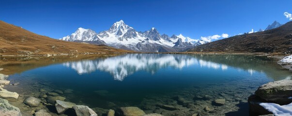 Canvas Print - A serene mountain lake reflecting the snow-capped peaks that surround it, its waters crystal clear and inviting.