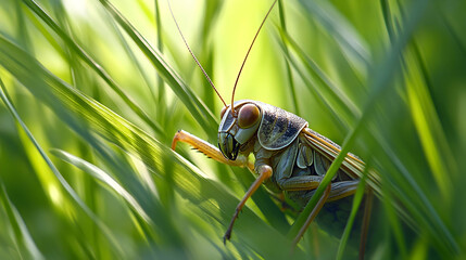 Wall Mural - A cricket hiding in tall grass, with its textured body and segmented legs sharply focused under bright conditions