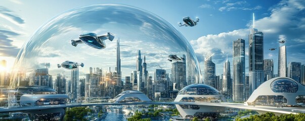 Poster - A futuristic cityscape beneath a dome on a distant planet, where flying cars zip past gleaming skyscrapers.