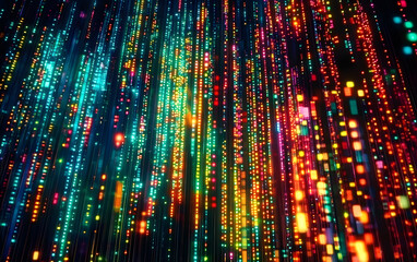 Poster - Vibrant digital light display with multicolored bokeh, vertical lines. Technology, urban, futuristic art, dynamic cityscape.