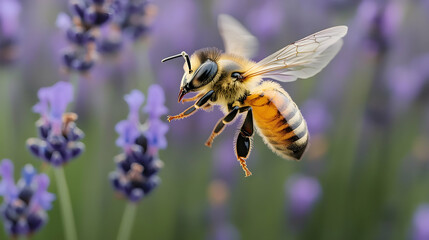 Wall Mural - A honeybee flying over a lavender field, its fuzzy body and delicate legs in sharp focus under natural light