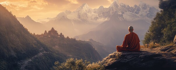 Canvas Print - A serene mountaintop retreat, where monks meditate in silence amidst breathtaking views of the surrounding peaks.