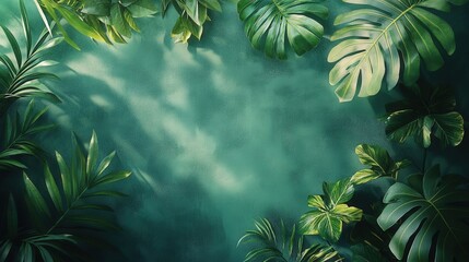 Poster - lush green minimalist background with tropical leaves in a serenity-inducing empty space for creativ