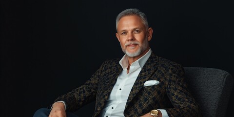 Wall Mural - A man in a black and gold jacket sits in a chair. He is wearing a white shirt and a white tie