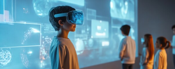 Leinwandbilder - A futuristic classroom where students learn using interactive holograms and virtual reality simulations, education transformed by technology.