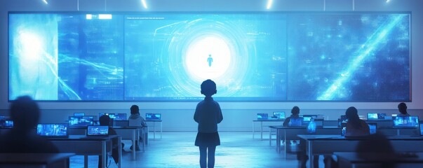 Leinwandbilder - A futuristic classroom with holographic screens and smart technology.