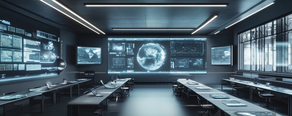 Leinwandbilder - A futuristic classroom with holographic screens and smart technology.