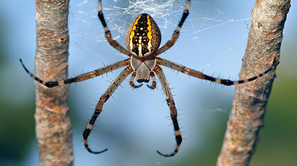 A spider hanging from a web spun between two branches, focusing on its detailed legs and abdomen
