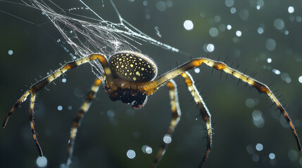 A spider spinning a web in morning dew, its detailed legs and intricate abdomen clearly visible under bright conditions