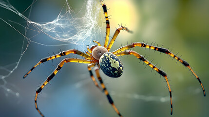 A spider spinning silk on its web, its detailed legs and intricate abdomen in sharp focus