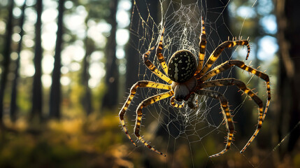 A spider weaving a web in a forest, its detailed legs and intricate web patterns in sharp focus