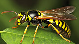 A wasp perched on a green leaf, its segmented body and detailed wings illuminated naturally