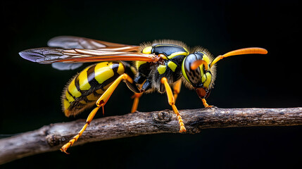 A wasp perched on a twig, its striped abdomen and shiny wings illuminated naturally