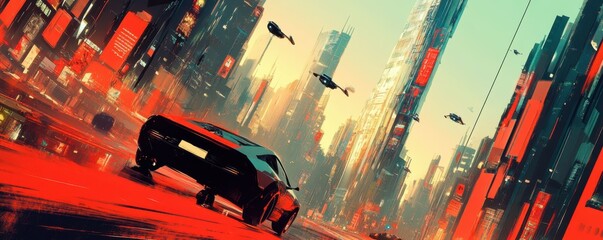 Poster - A futuristic skyline dominated by towering arcologies and flying cars zipping through the air.
