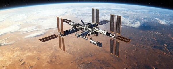 Wall Mural - a futuristic space station orbiting a distant planet, its sleek design a testament to humanity's ing