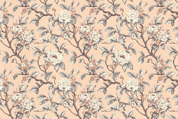 Poster - Floral Toile Tapestry Pattern. Vintage botanical wallpaper pattern. Background image. Created with Generative AI technology