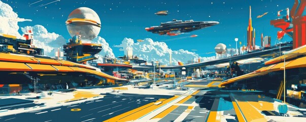 Wall Mural - a futuristic spaceport bustling with activity, as ships from across the galaxy come and go on their 
