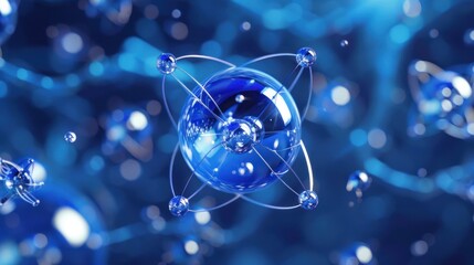 Wall Mural - Blue atom model, swirling background, science, technology