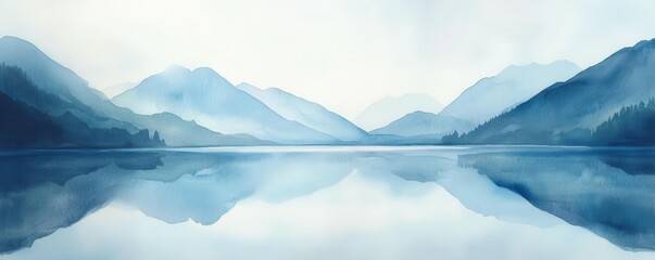 Poster - A serene watercolor painting of a tranquil lake surrounded by mountains.