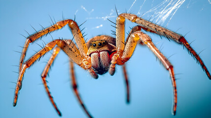 Wall Mural - Closeup of a spider hanging on a silk thread, its detailed legs and abdomen clearly visible under bright lighting