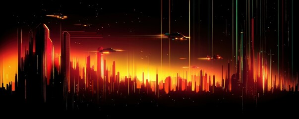 Aufkleber - A futuristic urban skyline with glowing neon lights and flying vehicles.