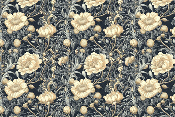 Poster - Floral Toile Tapestry Pattern. Vintage botanical wallpaper pattern. Background image. Created with Generative AI technology