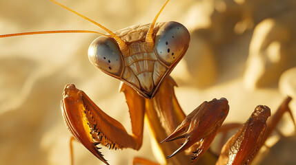 Wall Mural - Detailed macro shot of a mantis hunting prey, capturing its sharp claws and large eyes in a focused frame