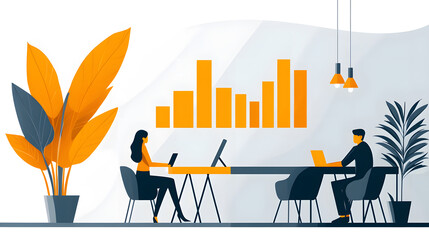 Poster - A modern office setting with two individuals working at a table, surrounded by plants and a bar chart on the wall, reflecting a collaborative environment