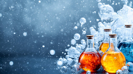 Poster - Colorful glass bottles with liquids are surrounded by bubbles, creating a vibrant and dynamic laboratory atmosphere