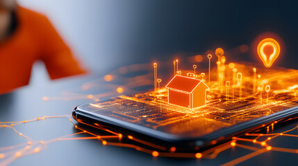Poster - A smartphone displays a glowing, digital house icon, symbolizing smart home technology and connectivity