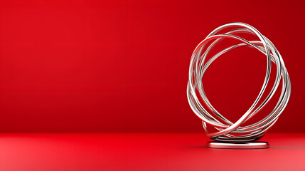 Poster - A modern metallic sculpture stands on a sleek base against a vibrant red backdrop, showcasing elegance and artistic flair
